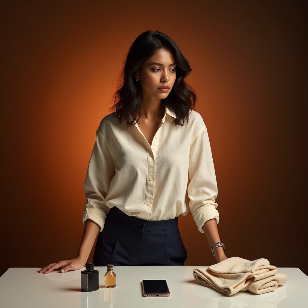 Persona che osserva oggetti di consumo con sguardo riflessivo